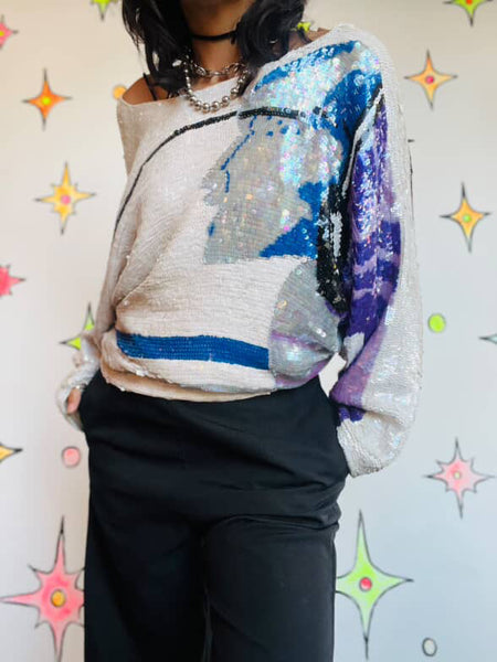 Vintage 80s Disco Glam Fully Sequin Silk Wearable Art Dolman Bat Wing Blouse M/L