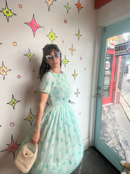 Vintage 1950s Jeanne d’Arc Mint Turquoise Cotton Fit & Flare Twirl Dress S