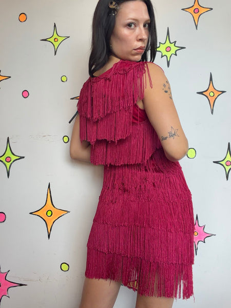 Raspberry Red Fringe Flapper Party Dress Roaring 20s / 60s Go-Go / Western M