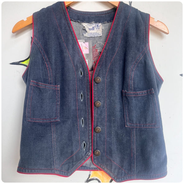 Vintage 60s 70s | Vintage Cropped Western Boho Fittled Beaded Denim Vest | S