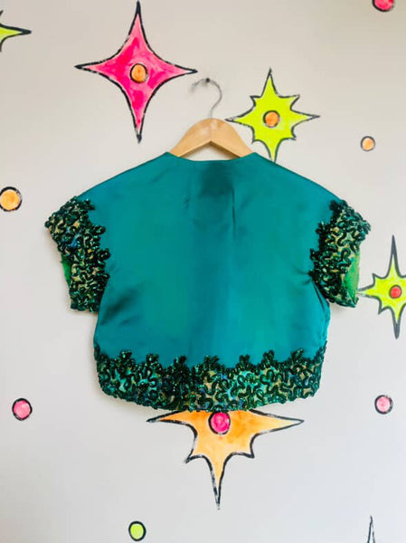 Vintage 40s Green Satin Sequined Cropped Bolero – Circus Costume Jacket – XS