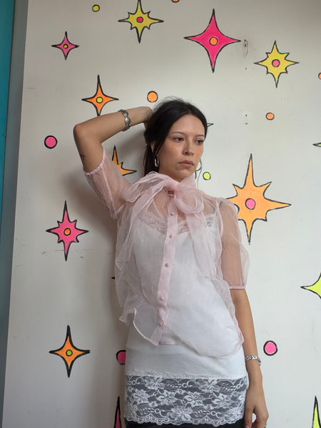 Pastel Pink Organza Sheer Bow Blouse Dollcore Victorian Balletcore Fairy Top M