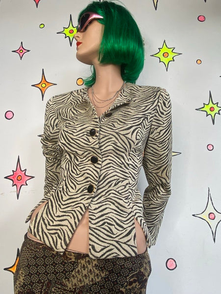Vintage 90s Zebra Print Blazer Leslie Fay Vegan Animal Print Office Siren Glam - S
