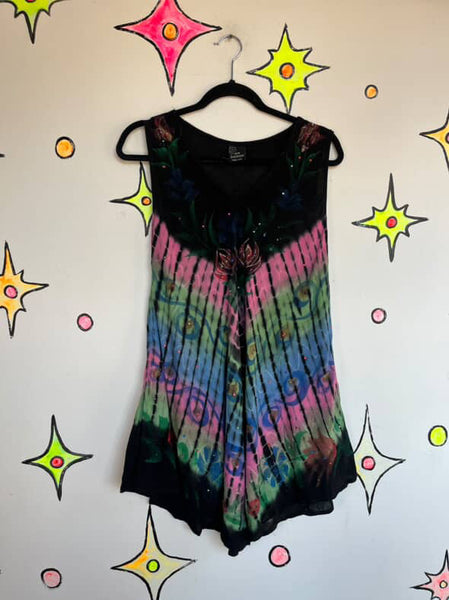 Vintage Black & Rainbow Grunge Fairy Boho Festival Mini Dress | Size M/L