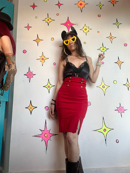 Y2K Red Pencil Skirt | Stretch Sailor Pin Up Secretary Office Siren Midi S