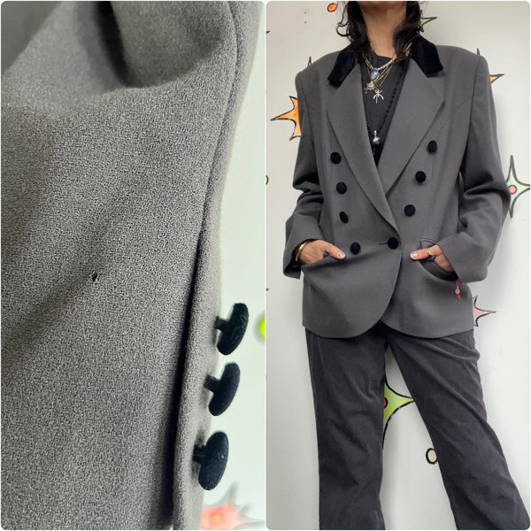 Vintage 90s | Valerie Stevens Gray Black Goth Grunge Punk Jacket Wool Blazer | 6