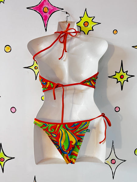 Vintage Retro 60s Style Groovy Rainbow MOD Psychedelic Bikini Swimsuit - Small
