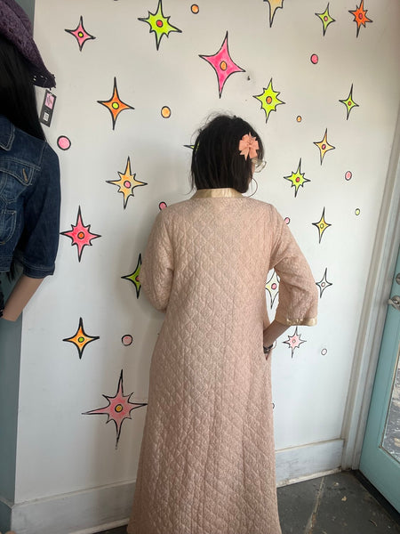 Vintage 50s 60s Pastel Pink Quilted Lounge Babydoll Nighty Robe Cozy Housecoat S