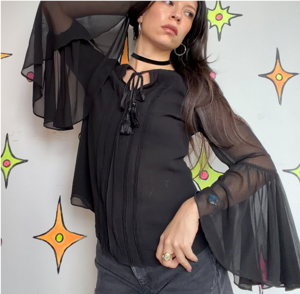 Vintage Black Bell Sleeve Top Goth Witchy Boho 90s Y2K Romantic Glam S/M