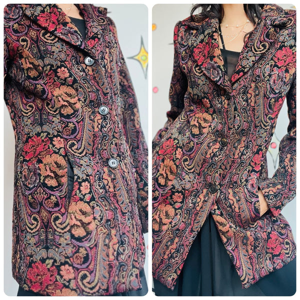 Vintage 90s Y2K Brocade Paisley Tapestry Coat Steampunk Fairy Grunge Size M