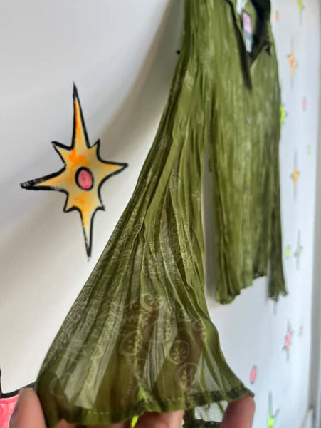 Vintage 90s Y2K Sheer Green Long Sleeve Fairy Grunge Whimsy Boho Blouse - M