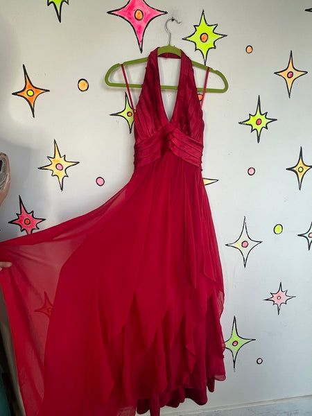 Y2K Red Silk Halter Fairy Princess Prom Dress Silk Halter Gown BCBG Max Azria XS