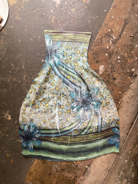 Vintage Y2K Teal Aqua Mermaid Fairy Tattoo Print Glam Whimsy Grunge Dress S
