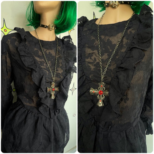 Romantic Gold and Red Goth Vampire Cross Necklace Witchy Gothic Jewelry