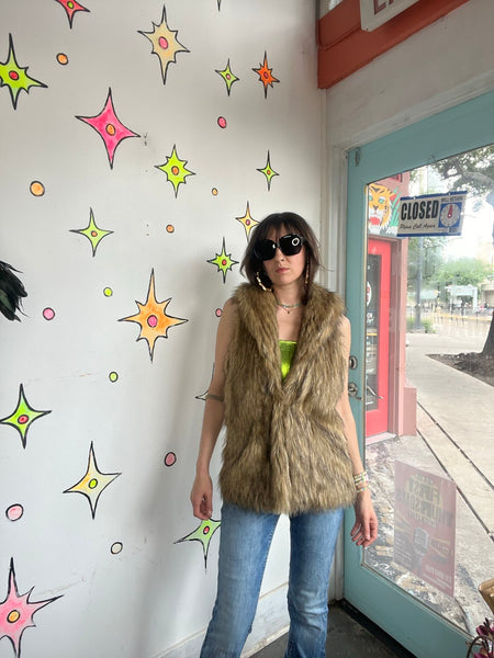 Y2K Vegan Fur Boho Vest Glam Grunge Statement Festival Layering Piece - Size M