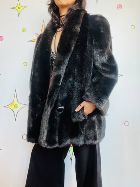 Vintage 70s 80s Chocolate Brown Faux Fur Vegan Glam Pinup Boho Grunge Coat M/L