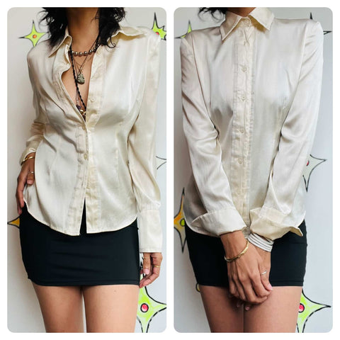 90s Creamy White Silk Button-Up Blouse - Minimal Long Sleeve - Size 4 - Classy