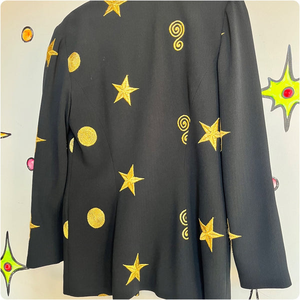 Vintage 80s 90s RARE Wearable Art Black and Gold Embroidered Celestial Blazer 8