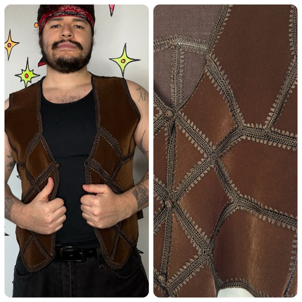 Vintage Brown Western Embroidered Vest | Crochet Panel Vegan Suede Boho Grunge L