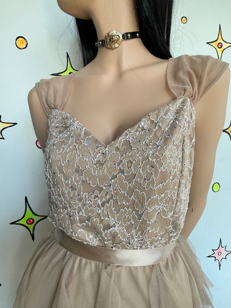 Y2K Lace Rhinestone Formal Dress Chiffon Tiered Ruffle Maxi Fairy Grunge Prom M