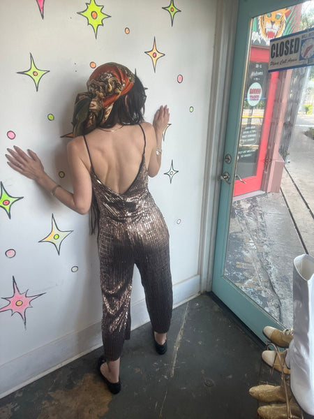 Metallic Gold Y2K Does 70s Disco Wide Leg Party Jumpsuit Retro Clubwear S/M