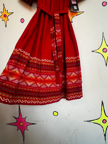 Vintage Mexican Embroidered Dress Red Oaxacan Folk Boho Fiesta Cotton - SM