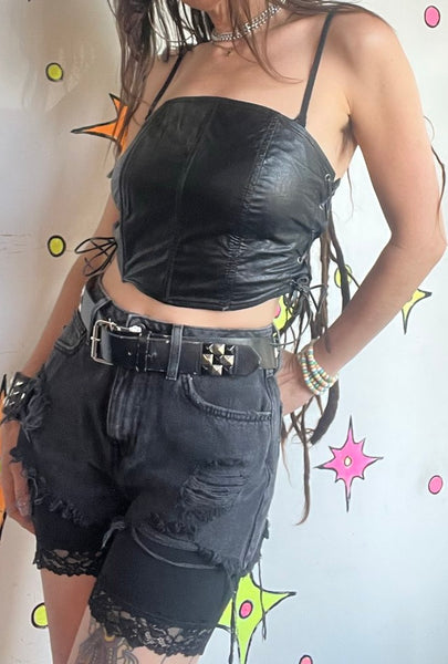 Y2K Black Vegan Leather Corset Top Goth Grunge Steampunk Lace Up Bustier M