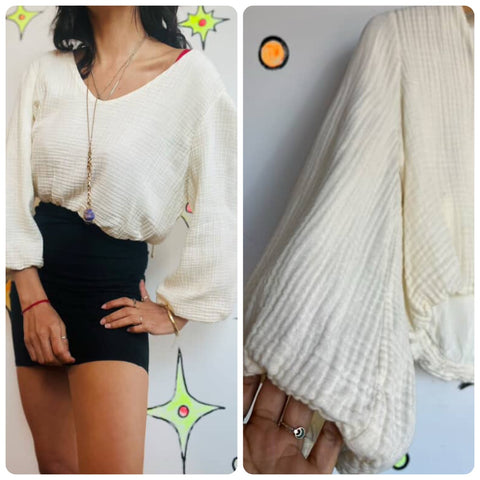 Vintage Off White Boho Puff Sleeve Grunge Fairy Gauzy Cottagecore Blouse L