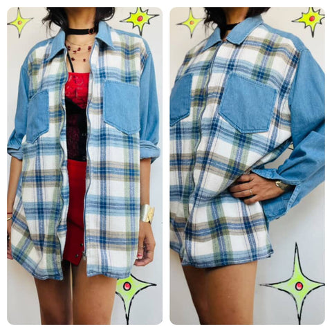 90s GITANO Denim and Plaid Flannel Long Sleeve Zip-Up Shirt | Grunge Boho | L