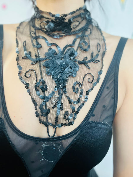 Vintage Victorian Gothic Lace Beaded Mourning Collar - Black Lace Choker