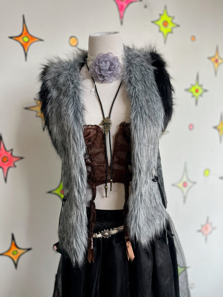 Vintage Y2K Black Vest w Vegan Faux Fur Trim Fairy Grunge Glam | Indie Sleaze S
