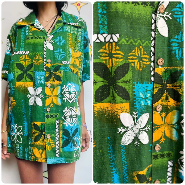 Vintage 60s 70s Green Hawaiian Tiki Shirt - Aloha Surf Style - JCPenney - XL