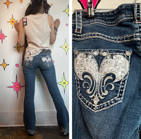 Y2K Rhinestone Denim Flare Jeans Low Rise Embellished Indie Sleaze McBling XS