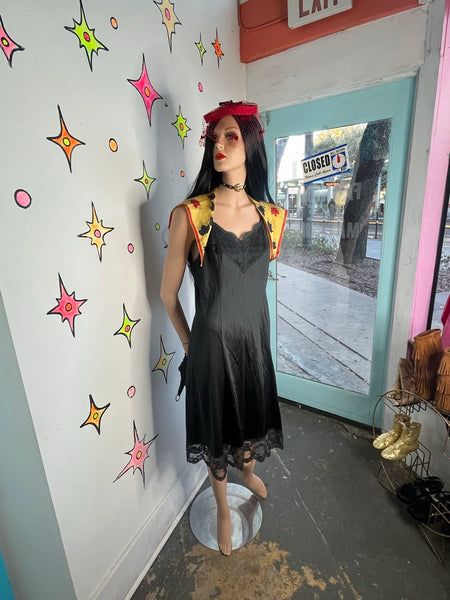 Vintage Nylon Black Lace Trim Slip Dress Boudoir Goth Fairy Grunge 36 - Large