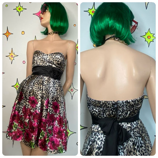 Y2K Leopard Print Strapless Mini Pink Floral Party Dress Fairy Grunge XS