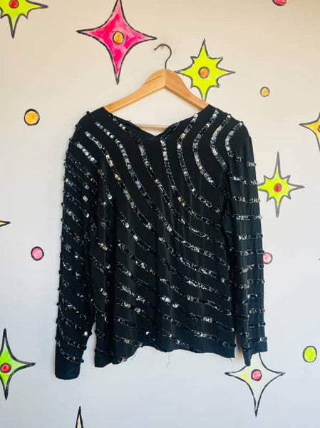 Vintage 80s 90s Black Whimsy Goth Glam Party Silk Sequin Blouse Fairy Grunge