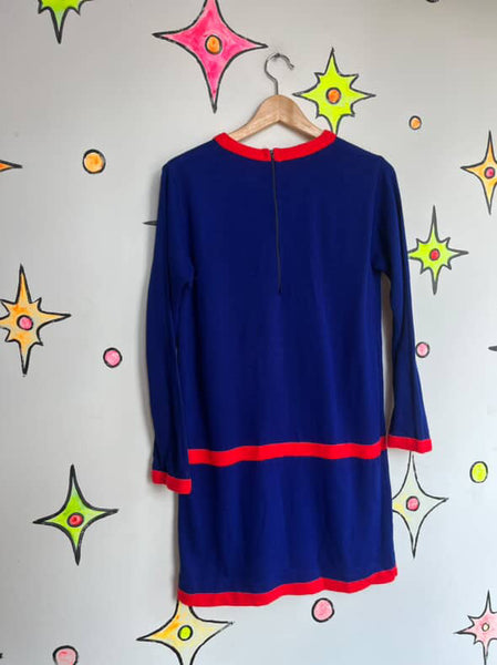 Vintage 60s MOD Space Age Navy Blue Mini Dress w/ Red Stripe – Medium / Large