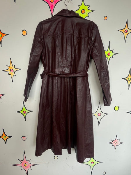 Vintage 70s Cherry Brown Leather Trench Coat Boho Grunge As-Is Distressed M/L
