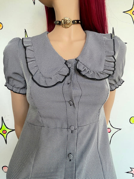 Houndstooth Babydoll Mini Dress Big Collar Preppy Dark Academia Mall Goth S