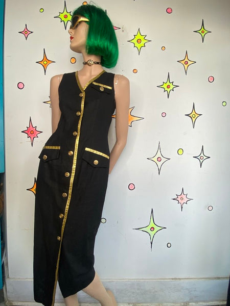 80s Vintage Versace Style Black & Gold Blazer Dress Office Siren Glam Midi - S