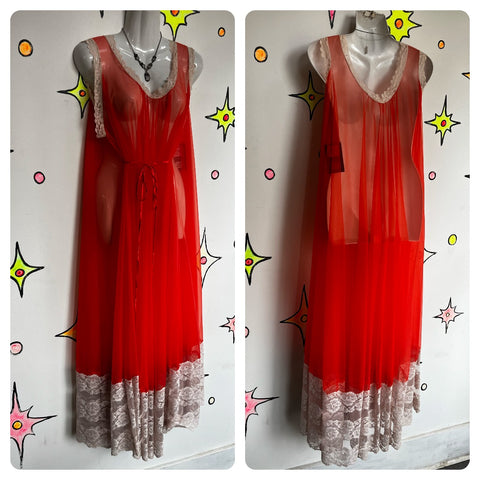 Vintage 60s | Red Orange Chiffon Sheer Lace Babydoll Nighty | Size L