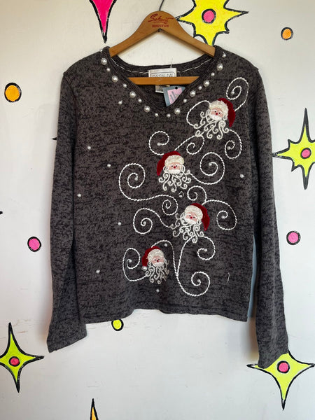 Vintage Santa Christmas Sweater | Ugly Tacky Beaded Holiday Pullover Small