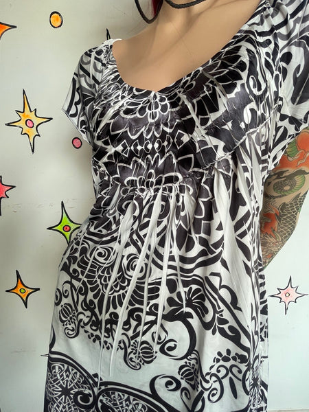 Y2K Black & White Tattoo Graphic Print Tunic Top Fairy Whimsy Goth Grunge L