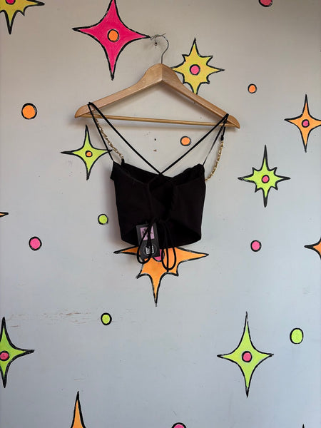 Archival Y2K Zara Black Indie Sleaze Party Halter Top w/ Gold Chain Straps XS
