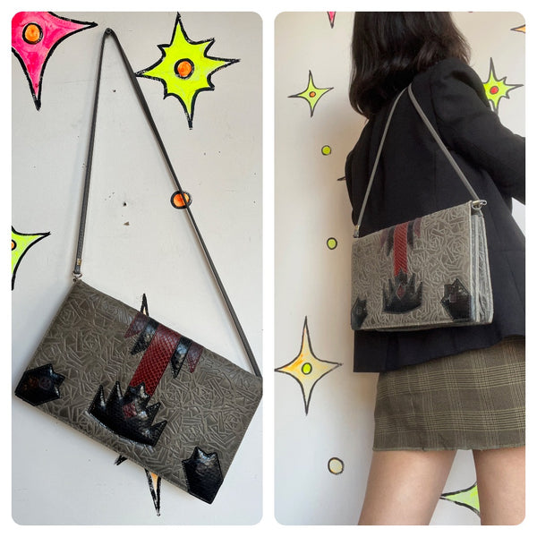 Vintage 80s Gray Red Black Snakeskin Leather Art Wear Bag Designer Handbag Purse