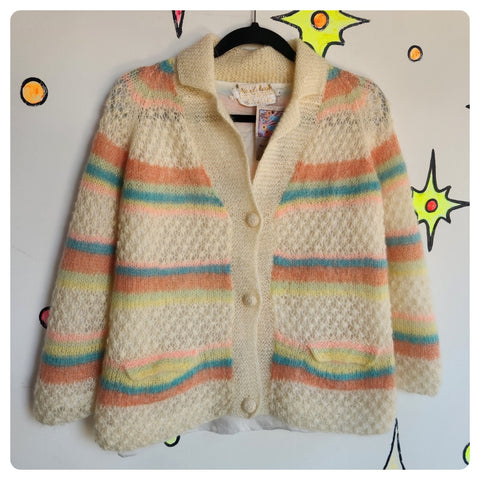 Vintage 50s 60s | Oversized Chunky Cozy Angora Pastel Pink Stripe Sweater