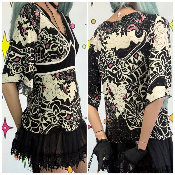 Y2K Studio Tattoo Print Bell Sleeve Stretchy Top Fairy Grunge Whimsy Goth M