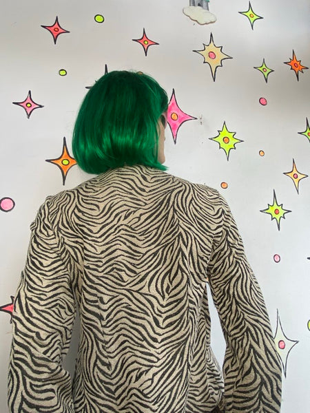 Vintage 90s Zebra Print Blazer Leslie Fay Vegan Animal Print Office Siren Glam - S