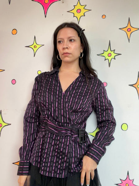 90s Black Purple Pinstripe Mock Wrap Top Y2K Fairy Grunge Mall Goth - Large