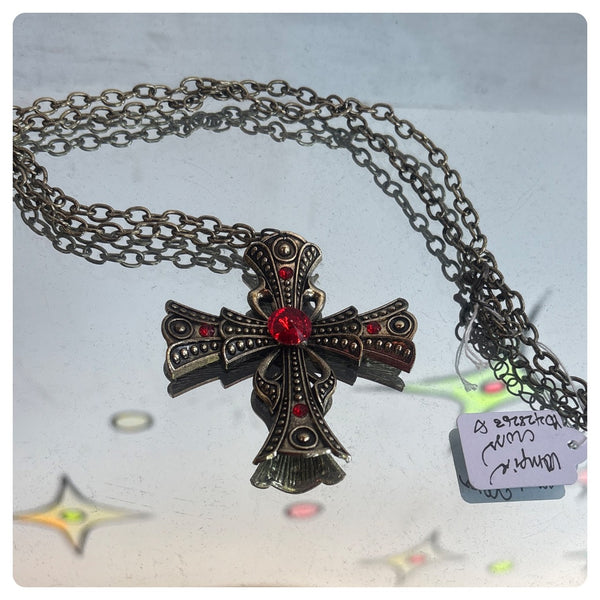Romantic Gold and Red Goth Vampire Cross Necklace Witchy Gothic Jewelry